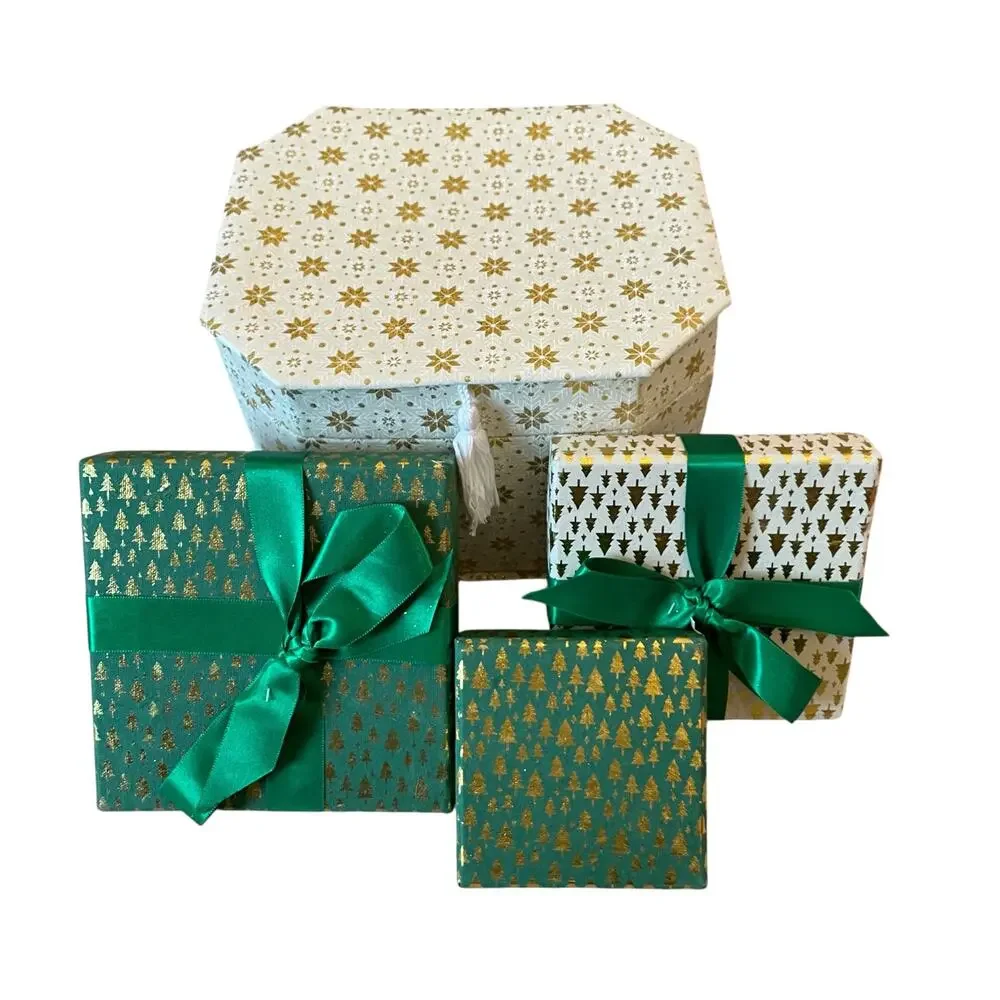 Christmas Gift Boxes w/ Lids Ribbon 4pc Premium Holiday Gift Wrap Green Gold NEW